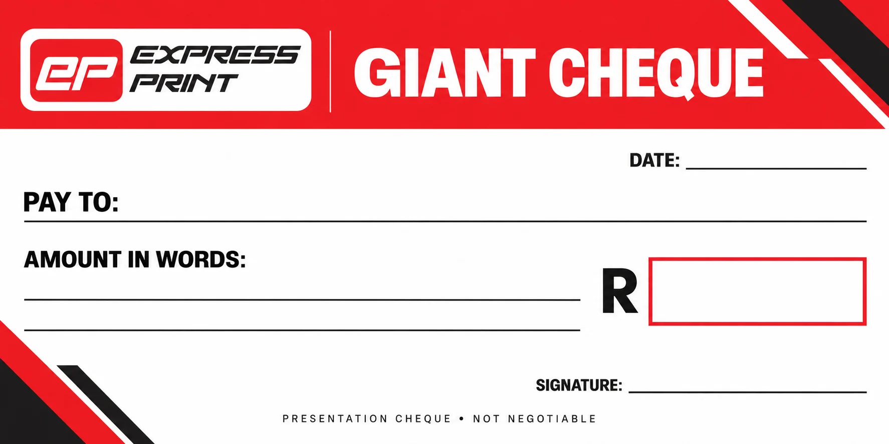 Giant cheque, red corporate design