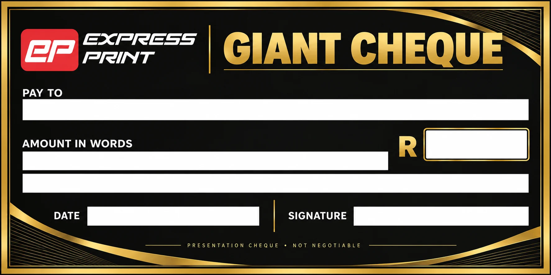 Giant cheque, black & gold design