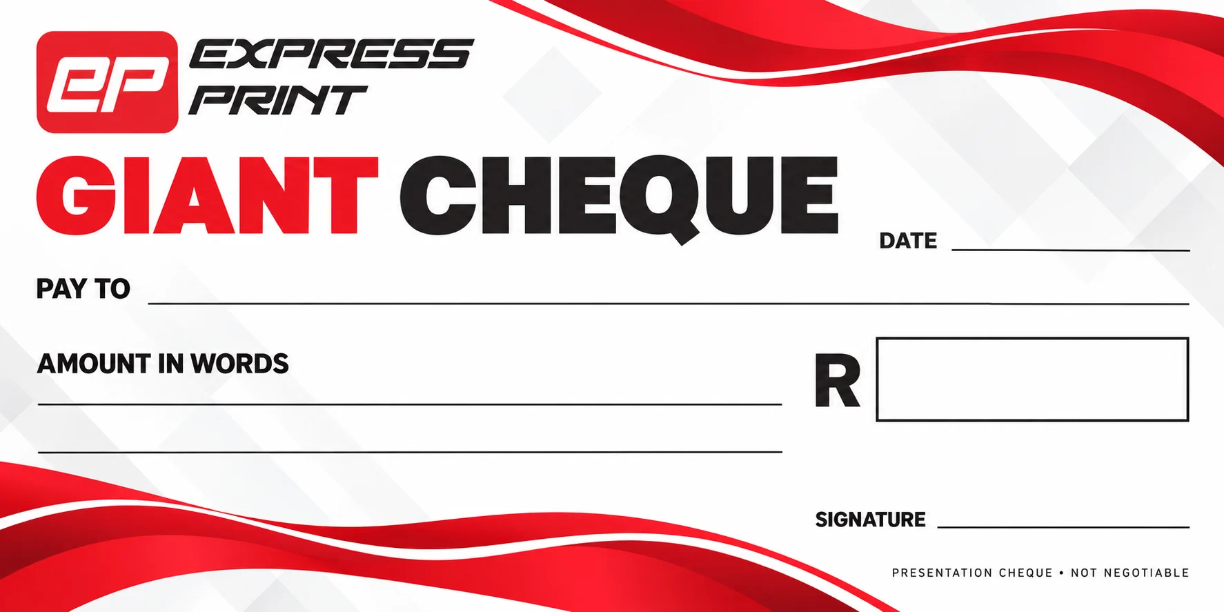 Giant cheque, red ribbon design