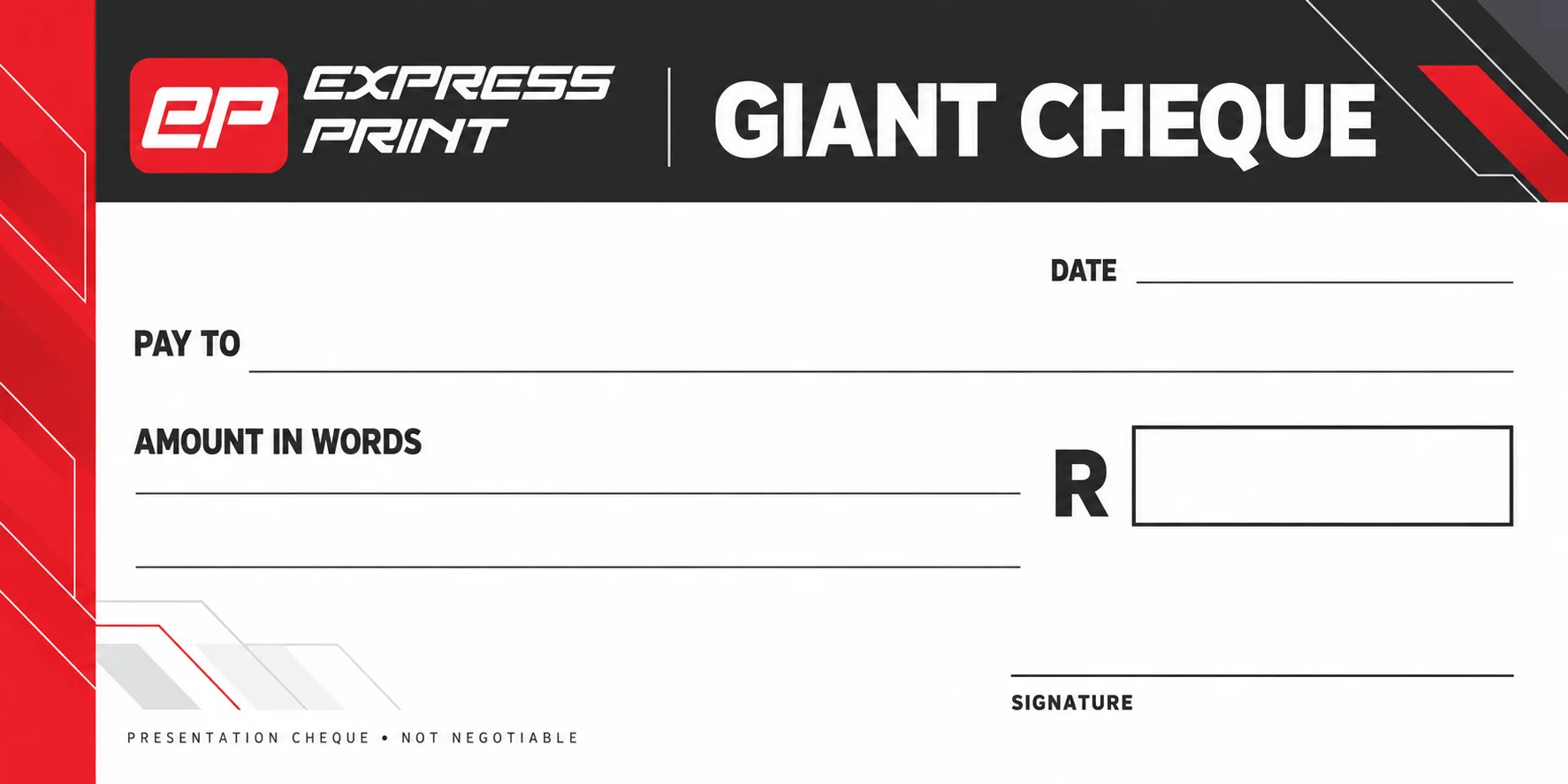 Giant cheque, charcoal & red design