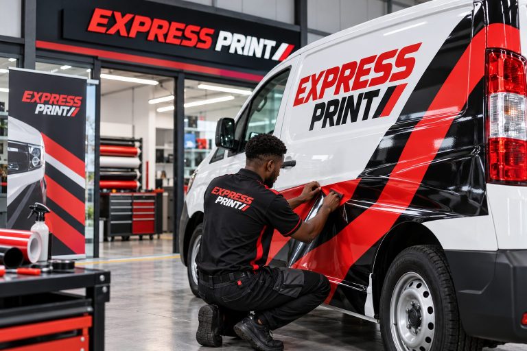 Van being wrapped in the Express Print workshop