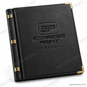 Black embossed menu folder with logo