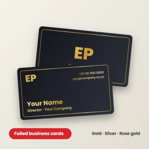 Express Print gold foiled business cards, front and back