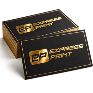 Express Print gold foiled business cards on black board