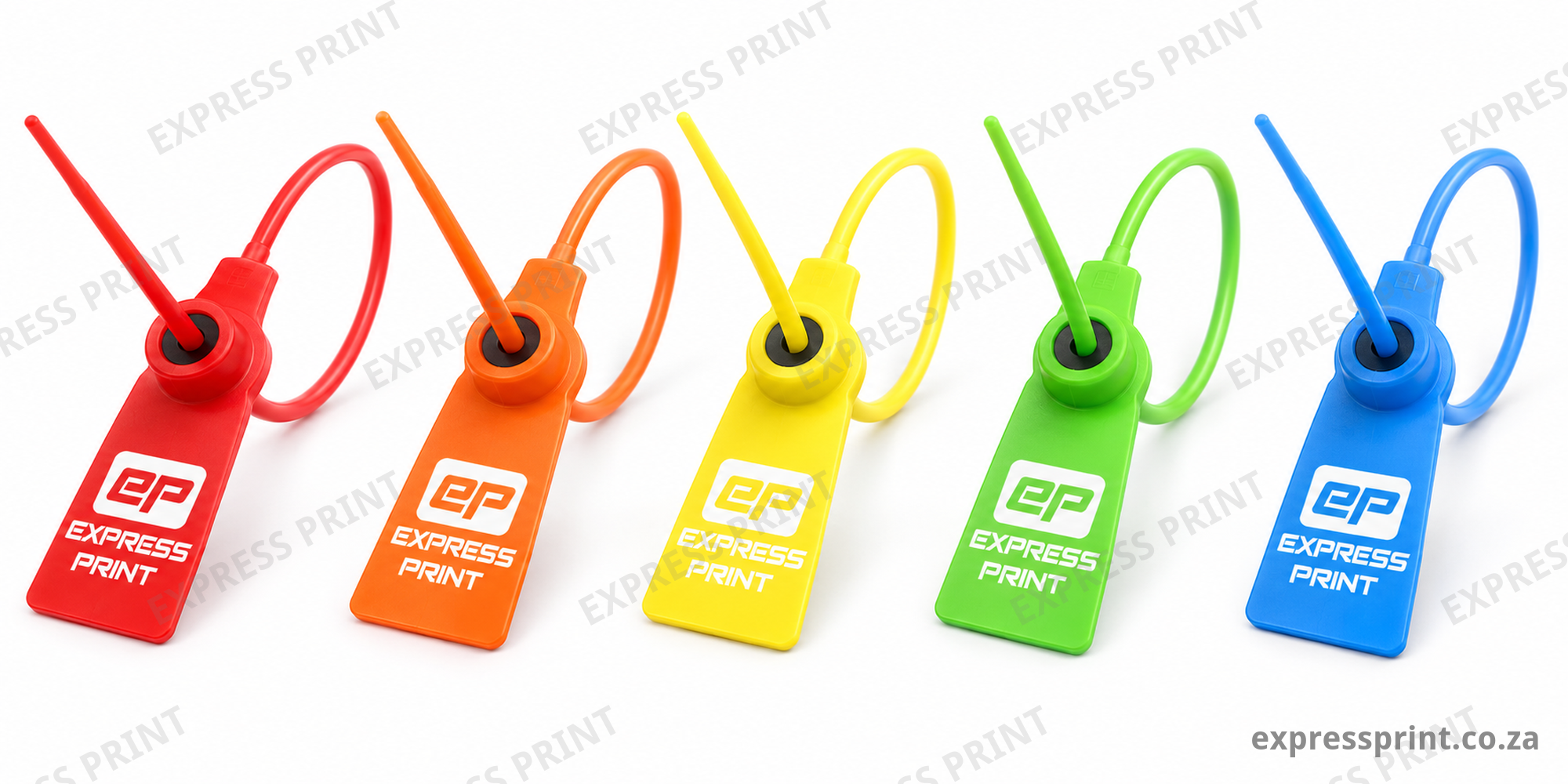 Express Print branded security seals in red, orange, yellow, green and blue