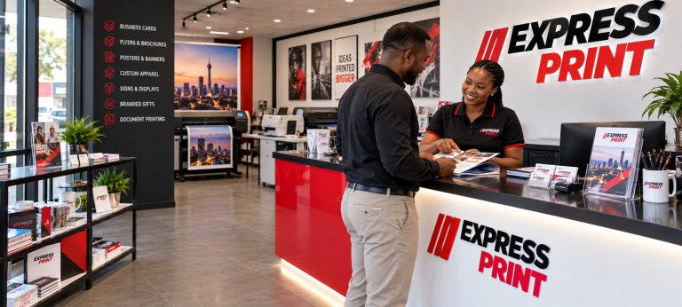 Branded Express Print front counter with staff helping a customer